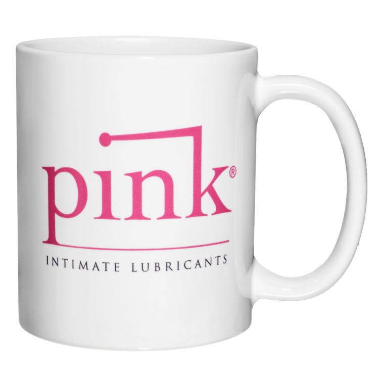 pink coffee mug with tagline